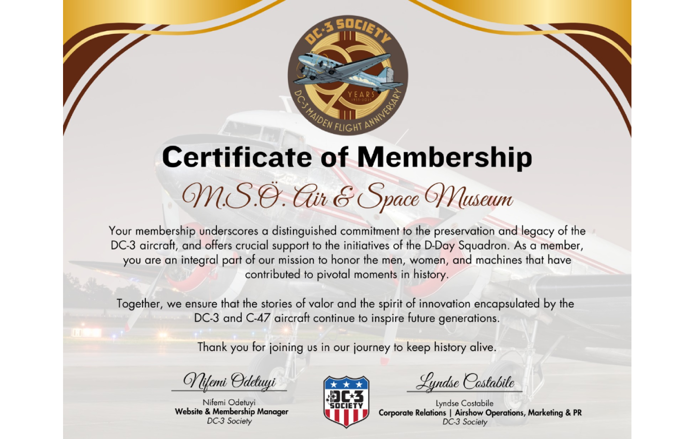 DC-3 Certificate of Membership (1)
